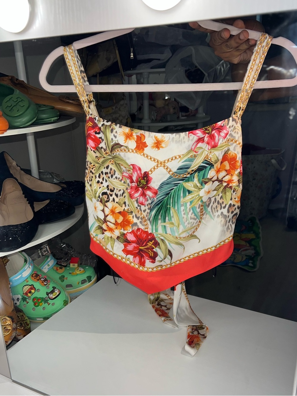 Express Floral Chain-Print Scarf Crop Top in Coral Accent Size L